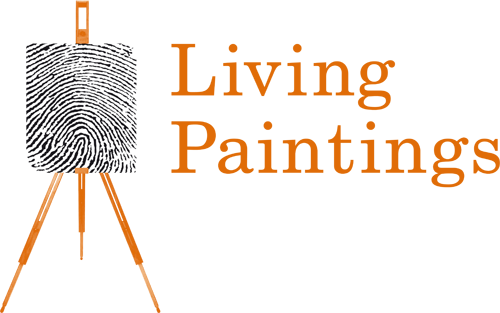 The Living Paintings logo of a large fingerprint printed on canvas and resting on an easel